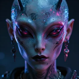 synthwave demonic alien face with neon tattos, detailed face, sharp focus, synthwave art, aesthetic, octane render, raw, cinematic