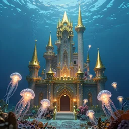 an underwater castle with glowing octopi surrounding it and golden spiked pillars, extra detailed, WLOP