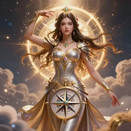 a beautiful female goddess of compasses character, character is in all its glory, character is centered on the image, character is in heroic natural pose, rim lights, magic in the air, fancy clouds, highly detailed professional photo, dynamic lights, particles are flying, depth of field, trending on artstation, illustration, hyper realistic, vray caustics, super detailed, colorful accents, cinematic shot