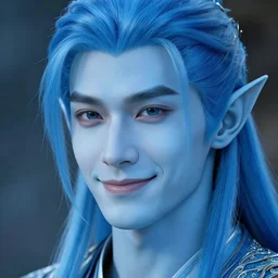 a face portrait of a [ blue ] humanoid male with, elegant, smiling, chiseled jaw, slightly smiling, triton race from d & d, elf ears, beautiful man, long blue hair in a ponytail, short hair on sides, white background, style by donato giancola, wayne reynolds, jeff easley dramatic light, high detail, cinematic lighting, artstation, by