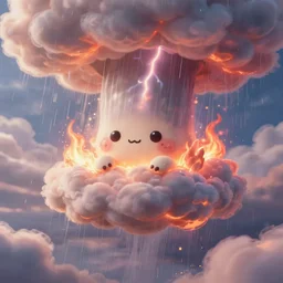 falling down burning clouds, thunder and fire rain, 4k, post-processing, very very detailed, artstation, cute