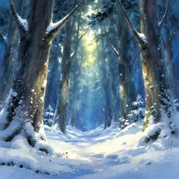 high quality illustration of an enchanted magical winter forest : : day time, sunshine, glowing snow, amazing mood : : art by daisuke tsutsumi and ghibli studio, artstation art