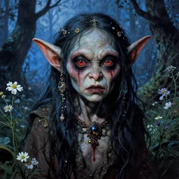 a pretty but sinister and creepy goblin in layers of fear, with haunted eyes, violence in his eyes, 1 9 7 0 s, seventies, delicate embellishments, a little blood, woodland, blue dawn light shining on wildflowers, offset printing technique, by walter popp, alexandre cabanel