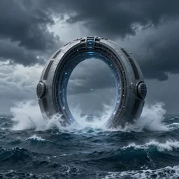 intergalactic stargate portal in the middle of a stormy sea, with waves crashing all around it