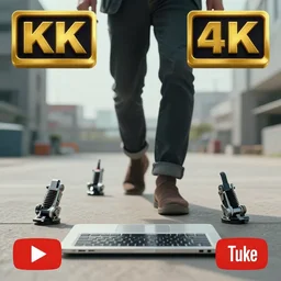 A laptop with 4 mechanic legs at its bottom on wich he walks towards the camera, youtoube thumbnail, 8k resolution, sci-fi, medium shot, low angle, midday