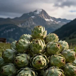 a mountain of artichokes. switzerland in the backgrounr. dramatic lighting, beautiful