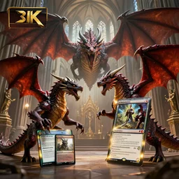 two dragons playing magic the gathering cards inside a cathedral, 8k, award winning photo