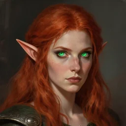 portrait of a female elf warlock, long pointy ears, glowing green eyes, bushy red hair and freckles + medieval setting, detailed face, highly detailed, digital painting, artstation, concept art, sharp focus, illustration, art by greg rutkowski and artgerm
