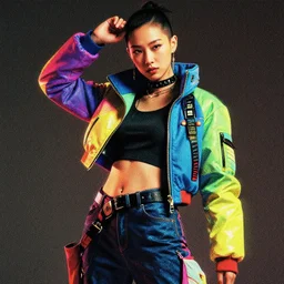 portrait of a cyberpunk fashion model with exuberant clothing style, colorful, dynamic pose, beautiful face, octane render, vray, detailed, halftoned, editorial photo, matte print, grainy light, ( ( dither ) ), risograph, high contrast, screen print, rich grainy texture, fujifilm superia, kodak portra