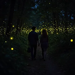 a couple walking in the middle of fireflies, cinematic lighting, wow, establishing shot