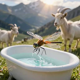 dragonfly in a bathtub in the alps, goat!!!!! in background