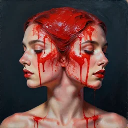 portrait of woman with two faces covered in red dripping paint, artwork by guy denning and charlie bowater,