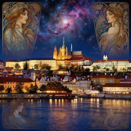 a view from the river a city resembling prague, paris, and venice at night with a sky full of nebulas, intricate, elegant, highly detailed, digital painting, artstation, concept art, smooth, sharp focus, colored illustration for tattoo, art by l birge harrison and krenz cushart and artem demura and alphonse mucha,