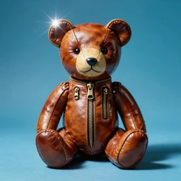 vintage analog product photography of a polished leather teddybear, 70s design, many zippers, studio lighting, azure background color, film grain, lensflare, color bleed, glare