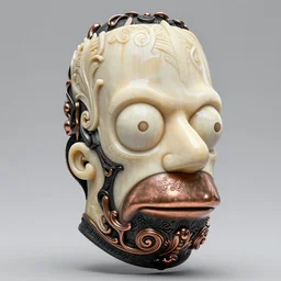 intricate homer j simpson mask carved from ivory and black resin and copper, elaborate highly detailed design, sculpted in zbrush, octane render, substance painter materials, unreal engine 5 nanite, 8 k, cgsociety, artstation