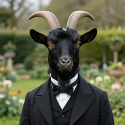 detailed studio portrait of an antropomorphic black goat wearing a victorian gentleman suit in a beautiful victorian garden, high quality by jeremy mann, only one head single portrait