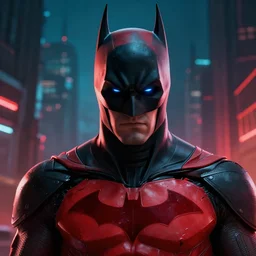 close - up portrait of the cyberpunk red and black batman from the show \ batman beyond \. futuristic gotham bg. masterpiece octane artstation render. fzd. artgerm, michael garmash, jeremy lipkin, craig mallismo. lighting by james gurney.