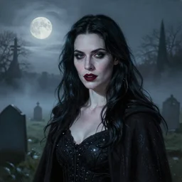 Riveting Charismatic brunnette female vampire, portrait, atmospheric lighting, painted, intricate, Highgate cemetery, low mist, cold, volumetric lighting, beautiful, moon light, sharp focus, ultra detailed, by Leesha Hannigan, Ross Tran, Thierry Doizon, Kai Carpenter, Ignacio Fernández Ríos