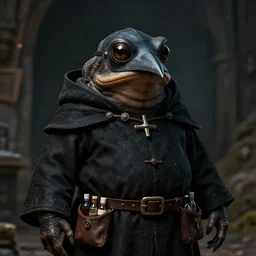 a portrait, a plump amphibious humanoid wearing a pointy bird style black plague doctor mask, short in stature, wearing black medieval robes, medical doctor, small vials and pouches on belt, style by donato giancola, wayne reynolds, jeff easley dramatic light, high detail, cinematic lighting, artstation, dungeons and dragons