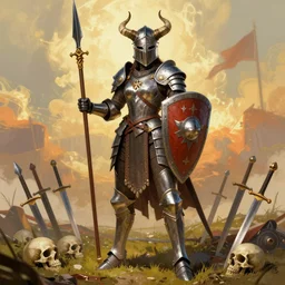 woman, full armor, helmet with horns, shield, spear, place of battle, swords stuck in the ground, skulls on the ground, highly saturated colors, detailed illustration, digital art, overdetailed art, concept art, Sylvain Sarrailh, Greg Rutkowski, trending on artstation