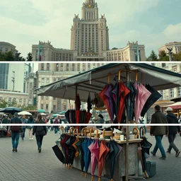 market stall with umbrellas for sale, in a square, pedestrians walk past. background of old soviet monument. storyboard, scifi cyberpunk. by gabriel hardman, joe alves, chris bonura. cinematic atmosphere, detailed and intricate, perfect anatomy