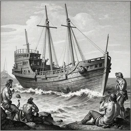 A wooden shipwreck in a cove, waves washing over rocks and the feet of shirtless muscular sailors, a philosopher raises his hands and prays, black and white Renaissance engraving by Benjamin Smith after a painting by George Romney
