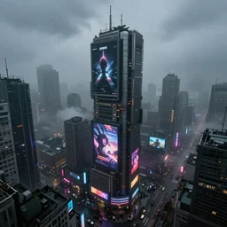 futuristic dystopian cityscape, high rises, billboard ads, neon signs, overcast, foggy, raining, depressing, ominous, imposing, industrial, high angle, dramatic illumination, multi colored lighting, highly detailed, ultra realistic, 8 k, by simon stalenhag, by nathan walsh