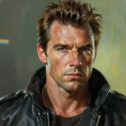 ultra realistic head and shoulders portrait painting of tom selleck as johnny silverhand in cyberpunk 2 0 7 7, art by frank frazetta, 4 k, ultra realistic, highly detailed, epic lighting