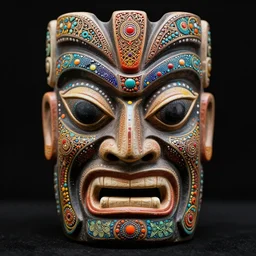 symmetrical tiki mask with eyes and mouth, black background, deep carving, very colorful, tribal magic, acrylic dots, psychedelic trip, patterns, fine mandelbrot fractal lace, 1 5 0 mm, soft rim light, elegant, hyper real, depth of field, sharp focus, ultra detailed, octane render, giger beksinski, 1 6 k