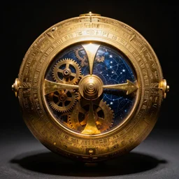 a dramatically lit photo of an ancient, powerful brass and gold artifact spherical artifact, covered in dials and ancient egyptian markings, with two arrows, glowing from within, filled with gears glimpsed inside, with a dark blue star - chart