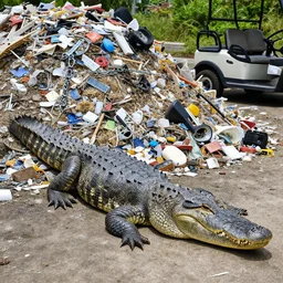 one large alligator chained up next to a very large mound of trash, papers, junk, and golf cart parts