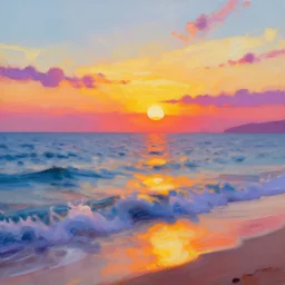 vibrant digital oil art beach sunset blur waves