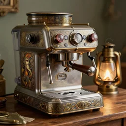 steampunk espresso machine with a soul, on a wooden table, intricate detail, hyper detailed, ultra realistic, sharp focus, smooth, octane render, lantern, volumetric, ray tracing, artstation trending, cgsociety, sense of awe, mystical, by alphonse mucha, midsommar 4 k