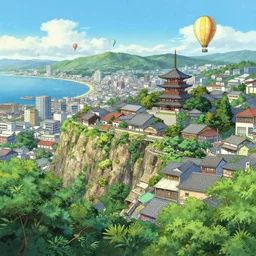 japanese cape dutch architecture busy city on a cliff by the sea side, nice view, airships, dense foliage poster art by kim jung giu and weta studio, and lucasfilm and jesper ejsing and norman rockwell greg rutkowski frank frazzeta