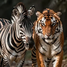 close up photo of a hybrid of a zebra and a tiger