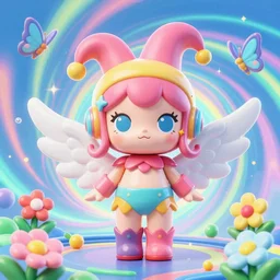 3 d render of chibi cyborg fairy angel by ichiro tanida wearing a jester hat and wearing angel wings against a psychedelic swirly background with 3 d butterflies and 3 d flowers n the style of 1 9 9 0's cg graphics 3 d rendered y 2 k aesthetic by ichiro tanida, 3 do magazine