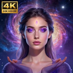 a beautiful colorful digital illustration of an attractive girl with violet eyes and open third eye meditating spiritual art, space background, breathtaking stars, hyperrealistic, photorealistic, hyper sharp, 4k, detailed, hypermaximalist, 8k, hyper realistic, 4k HDR,