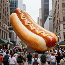 a photograph of a giant chrome metallic hotdog sculpture in the center of a new york street, a large crowd have gathered, by jeff koons, pop art, 3D render, Volumetric dynamic lighting, Highly Detailed, Cinematic Lighting, Unreal Engine, 8k, HD