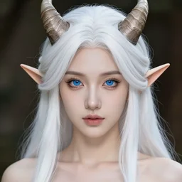 a photorealistic portrait of a beautiful sexy elf, professionally retouched, soft lighting, hyper realistic, hyper detailed blue eyes, beautiful white detailed hair, two detailed devil horns, wide angle, sharp focus, 8 k high definition, 6 4 megapixels, insanely detailed, stunningly beautiful