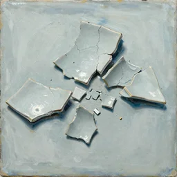 large cracked fragments of porcelain painted in the style of the old masters, painterly, thick heavy impasto, expressive impressionist style, painted with a palette knife