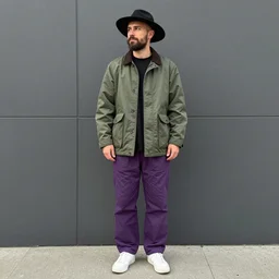 a man of caucasian appearance with a beard in a black hat, green jacket, purple pants and white sneakers in full height