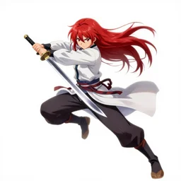 an anime warrior with long red hair quickly swinging her sword in a full arc, dynamic slashing pose, detailed, anime