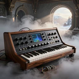 richly decorated Victorian modular analog synthesizer with switches buttons knobs screens wires, modern, beautiful, detailed wood, photorealistic, photorealism, lightning, clouds, the winter light comes in through a porthole, volumetric fog