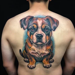a man with a colorful puppy tattoo on his back, a tattoo by richard mortensen, reddit contest winner, primitivism, tattoo, detailed, intricate