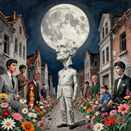 old white - headed man under the huge moon on a street of ruined city full of flowers by beksinski and takato yamamoto and austin osman spare and edward hopper and mark ryden and tsutomu nihei, very coherent, baroque elements, perfect anatomy, intricate design. surreal art. pop art.