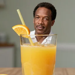 ( shrunk down o j simpson ) emerging from [ a glass of orange juice ]