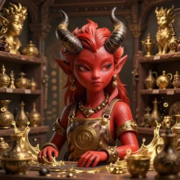 portrait, a beautiful red - skin demoness shopkeeper in her curio store, dramatic lighting, cute geeky appearence, dark horns, jeff easley, thomas kinkade, smooth, intricate, highly detailed, golden hour, splash art, high fantasy