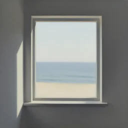 a window into the subtle shades of consciousness by the sea in the afternoon as a painting of a realistic scene, minimalism, strong shadows, elegant, perfect shading, award - winning, striking, interior scene