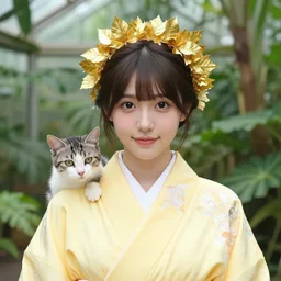 portrait photograph of an extremely beautiful!!!! young female, symmetric face!, symmetric round detailed eyes!!, slight smile, natural light, wearing a yellow kimono!! with a very kitten! on her shoulder in a tropical greenhouse. looking at the camera!!. golden crown made of golden leaves. super resolution. extremely detailed. graflex camera!, bokeh!!!!! trending on artstation.