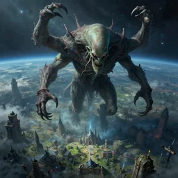 a hyperdetailed matte painting of cthulu descending from space, looming ominous over stormwind, world of warcraft, lovecraftian horror, intricate detail, ultrawide lens, aerial photography, cinematic, 8 k, cel shaded, volumetric lighting, octane render, art by studio ghibli, makoto shinkai, artgerm, wlop